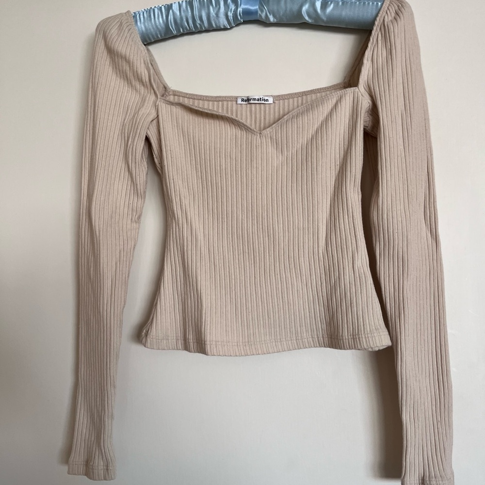 Reformation Cream Ribbed Long Sleeve Blouse
